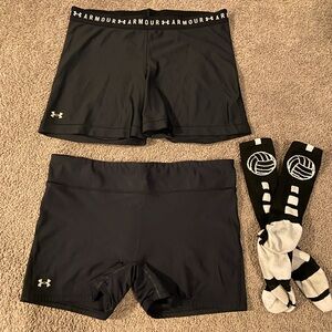 2 pairs of under armour volleyball shorts & One pair of volleyball socks